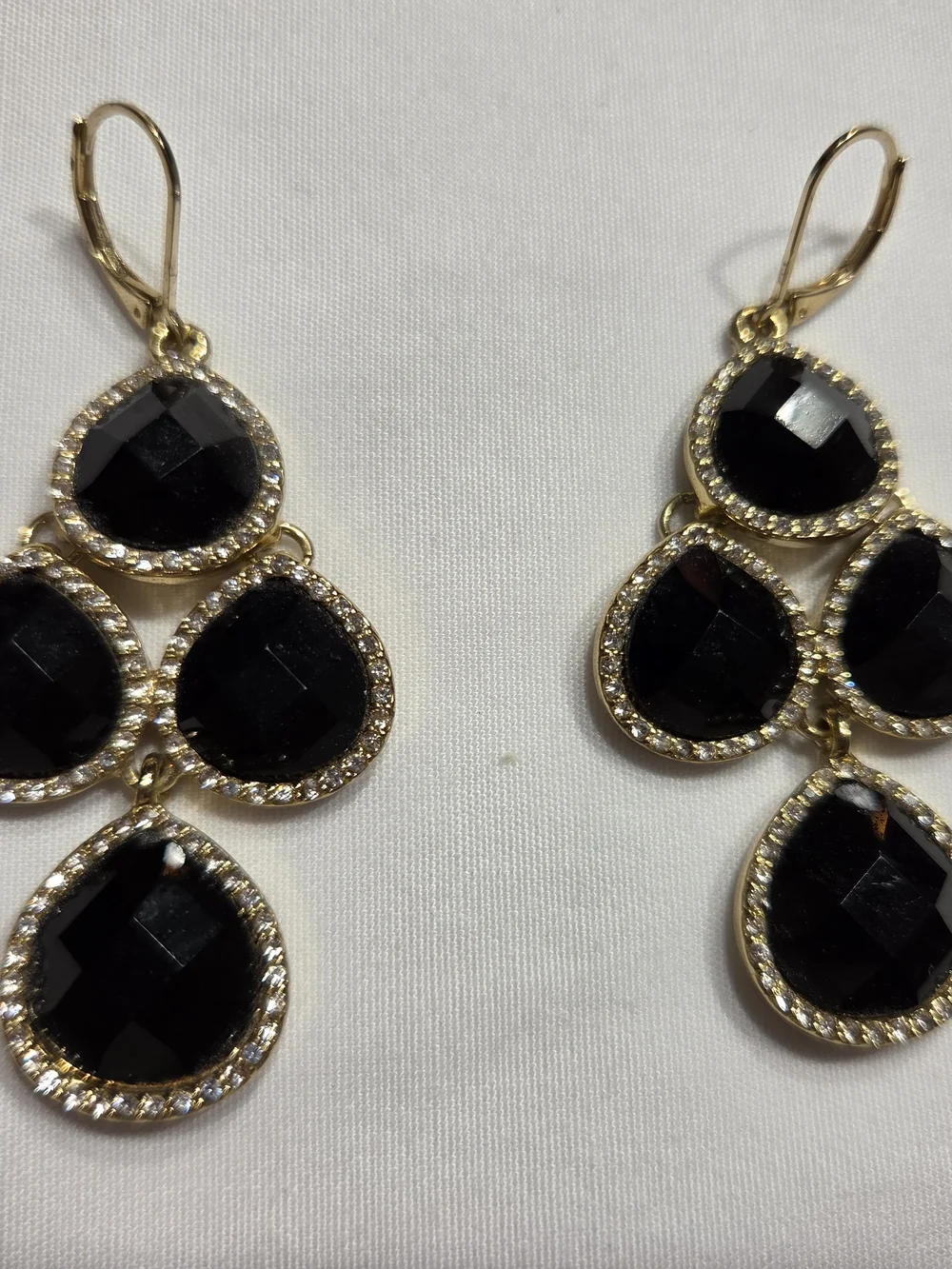 Elegant Black Gem Teardrop Dangle Earrings - Gold Tone